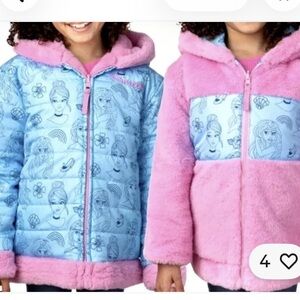 Reversible Disney Princess characters blue pink plush snow jacket with pockets S